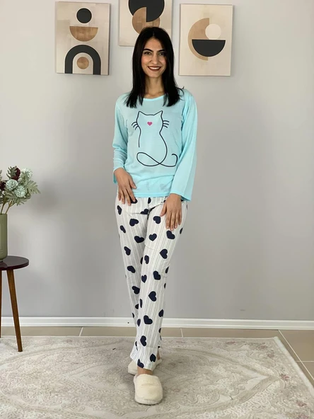 Kadın Kedi Motifli Kalp Desenli Pijama Takımı (Mavi-Beyaz) - Resim 5