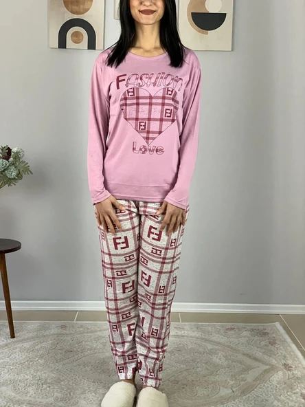 Kadın Fashion Love Desenli Pijama Takımı (Pembe) - Resim 2