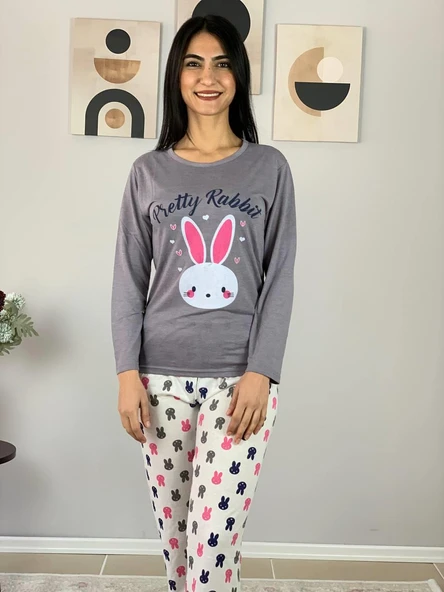 Kadın Love Motifli Kalp Desenli Pijama Takımı (Bej-Beyaz) - Resim 5