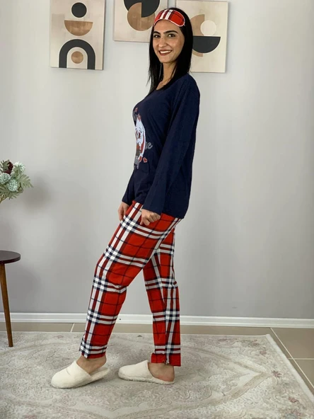 Kadın Ekose Desenli Uyku Bantlı Pijama Takımı (Lacivert-Kırmızı) - 4