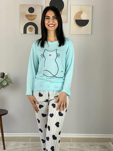 Kadın Kedi Motifli Kalp Desenli Pijama Takımı (Mavi-Beyaz) - Resim 4