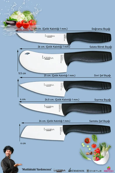 Eco Serisi Mutfak Bıçak Seti Et Ekmek Sebze Salata Pizza Börek Pide Şef Bıçağı 5 Li Set - Resim 2