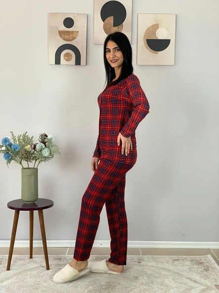 Kadın Ekose Desenli Süet Düğmeli Pijama Takımı (Kırmızı) - Resim 3
