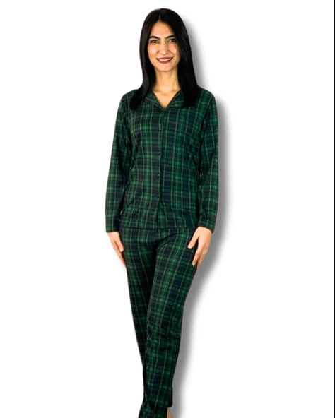 Kadın Ekose Desenli Süet Düğmeli Pijama Takımı (Yeşil)