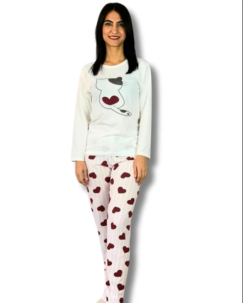 Kadın Kedi Motifli Kalp Desenli Pijama Takımı (Bordo-Beyaz)