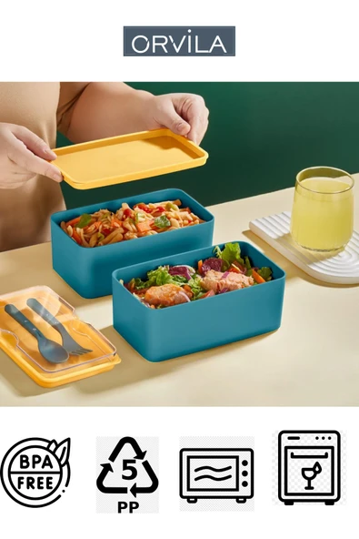 Orvila Orvila Mega Boy 2 Katlı Yemek Saklama Kabı 2 Litre - Kendinden Çatal Kaşık Servisli Lunch Box Set