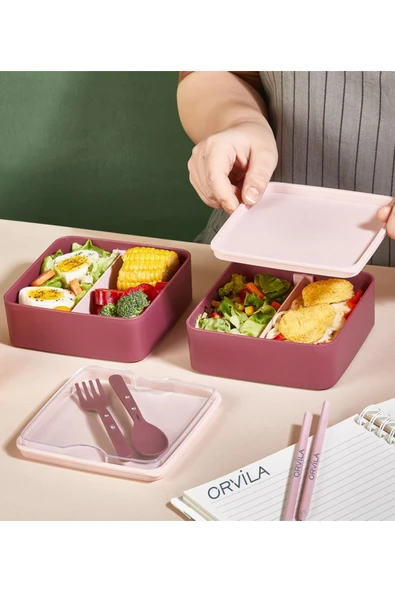 Orvila Orvila 2 Katlı Kare Lunchbox Yemek Saklama Kabı Beslenme Kutusu Seti-sporcu Öğrenci Fitness Okul Işyeri