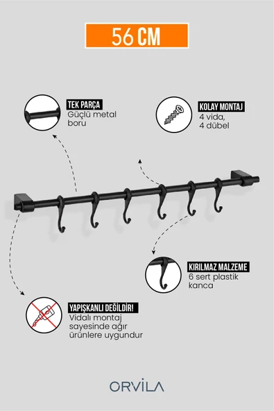 Orvila Orvila Siyah Metal Mutfak Ve Banyo Askısı 6 Kancalı Askı Demiri 56 Cm Çubuk