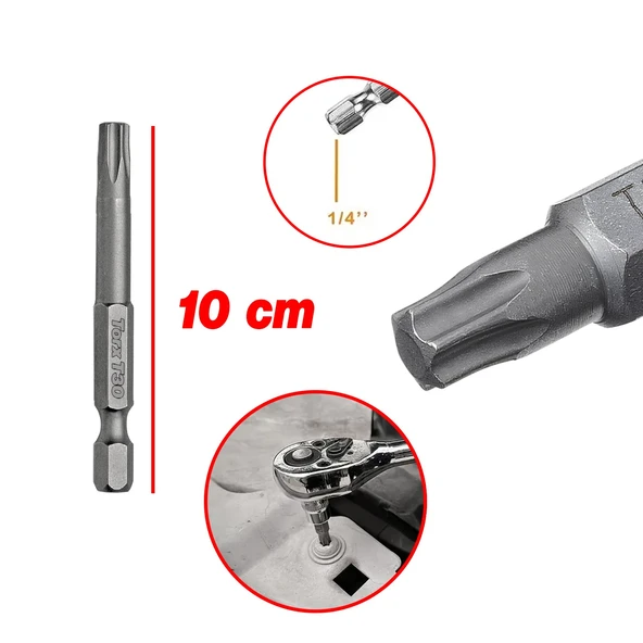 Mıknatıslı Torx T30 Bits Uç 100 mm 10'lu Set Kutulu Manyetik 1/4" Matkap Ucu Tork 10 cm Uzunluk - 2