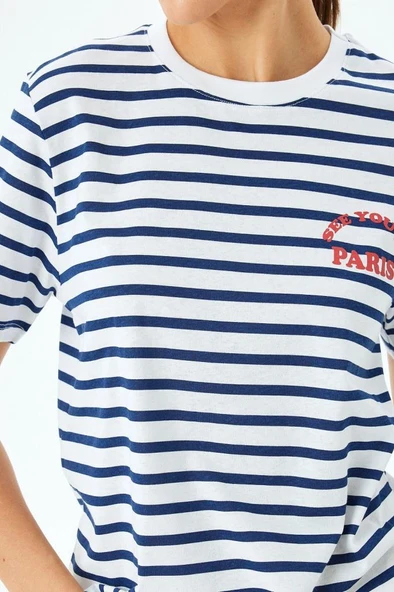 Koton Baskı Detaylı Bisiklet Yaka Pamuklu Çizgili Tişört - Resim 5