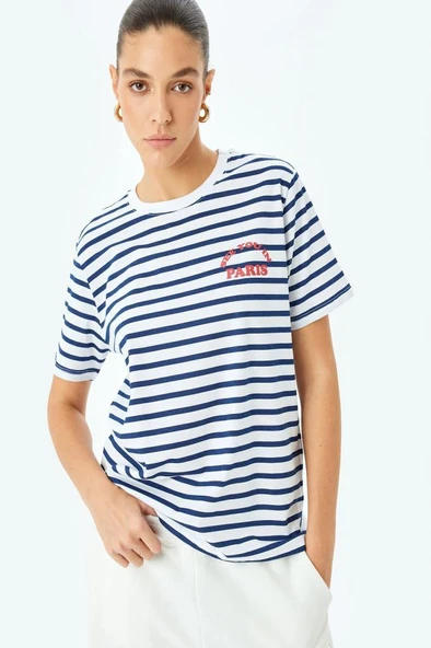 Koton Baskı Detaylı Bisiklet Yaka Pamuklu Çizgili Tişört - Resim 2