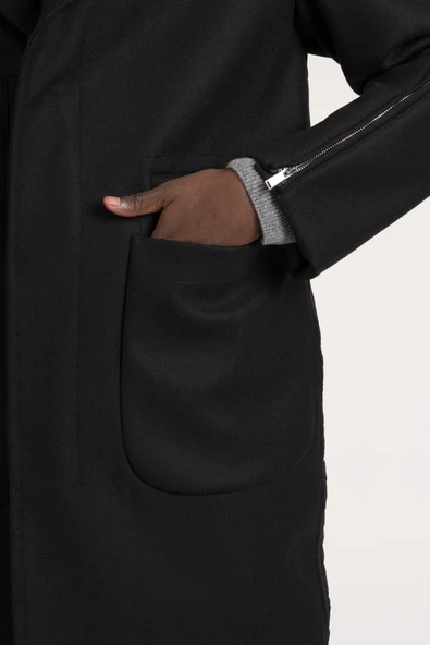 Yarı Oversize Torba Cep Mono Yaka Arkası Şişme Uzun Kaşe Kaban - 14