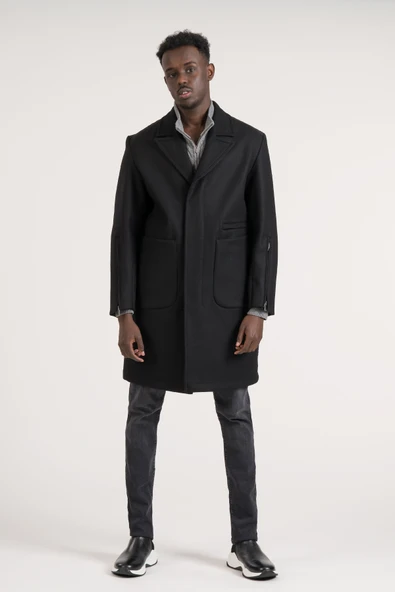 Yarı Oversize Torba Cep Mono Yaka Arkası Şişme Uzun Kaşe Kaban - 3