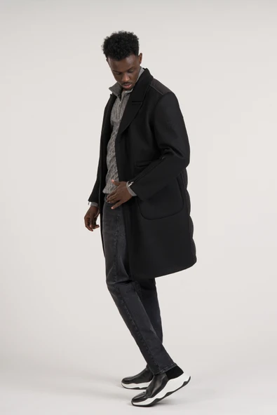 Yarı Oversize Torba Cep Mono Yaka Arkası Şişme Uzun Kaşe Kaban - 9