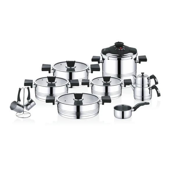 OMS Asil Silindir 18 Parça Çelik Tencere Seti Siyah 1138