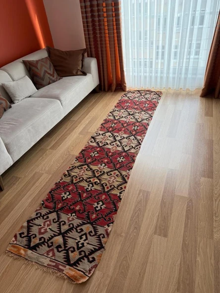 65x295 cm El Dokuma Türk Yolluk, Koç Boynuzlu ve Akrep Motifleri, Mükemmel Kondisyon, Benzersiz Bohem Ev Dekoru - 8