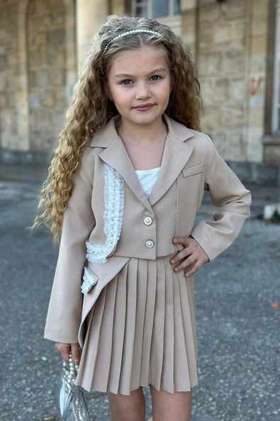 Kız Çocuk Güpür Ve İnci Şerit Detaylı Ceket Asimetrik Kesim Piliseli Bej Etekli Takım - Resim 7