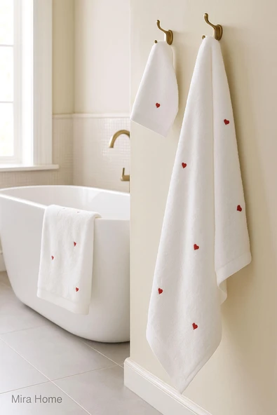 3 Parça Kalp Nakışlı Banyo Havlusu Takımı %100 Pamuklu Lovely Set - 11