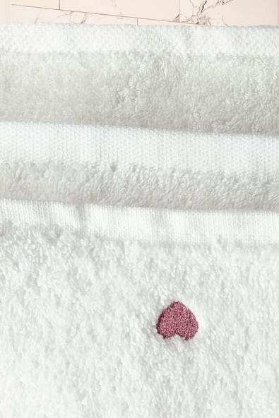 3 Parça Kalp Nakışlı Banyo Havlusu Takımı %100 Pamuklu Lovely Set - 7