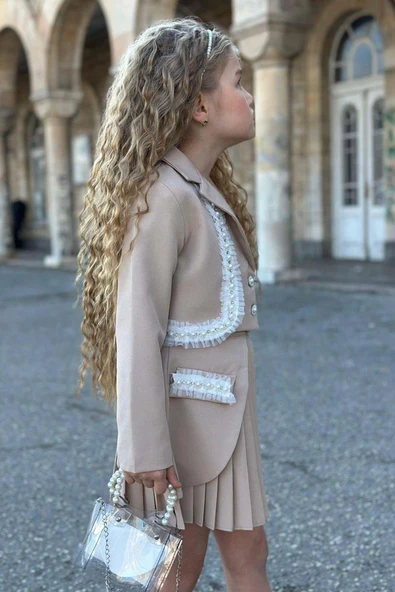 Kız Çocuk Güpür Ve İnci Şerit Detaylı Ceket Asimetrik Kesim Piliseli Bej Etekli Takım - Resim 5