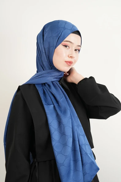 Jakarlı Şal Desenli Şal - İndigo Mavi - 2