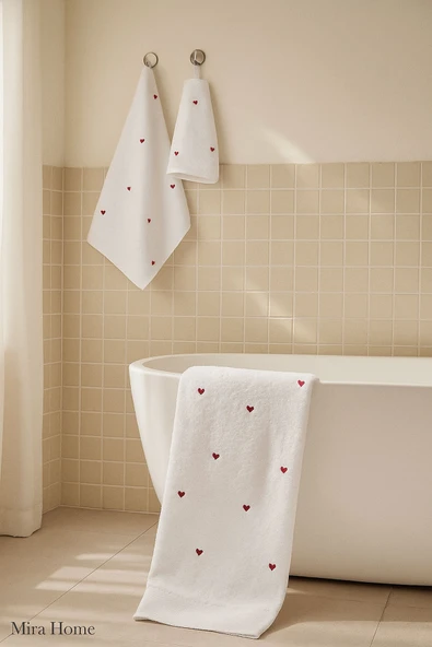 3 Parça Kalp Nakışlı Banyo Havlusu Takımı %100 Pamuklu Lovely Set - 11