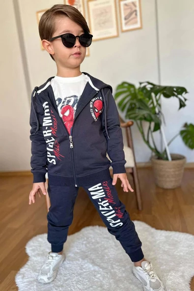 Erkek Çocuk Örümcek Adam Baskılı ve Yazı Detaylı Kapüşonlu Siyah Ceket Eşofman Takım - 3
