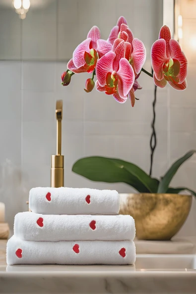 3 Parça Kalp Nakışlı Banyo Havlusu Takımı %100 Pamuklu Lovely Set