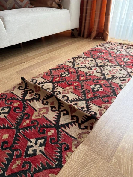 65x295 cm El Dokuma Türk Yolluk, Koç Boynuzlu ve Akrep Motifleri, Mükemmel Kondisyon, Benzersiz Bohem Ev Dekoru - 9