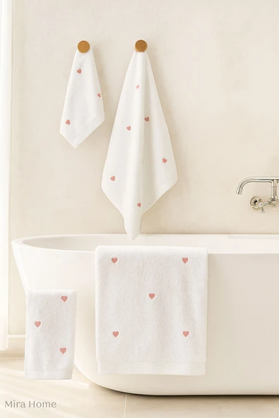 3 Parça Kalp Nakışlı Banyo Havlusu Takımı %100 Pamuklu Lovely Set - 2