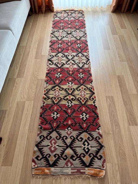 65x295 cm El Dokuma Türk Yolluk, Koç Boynuzlu ve Akrep Motifleri, Mükemmel Kondisyon, Benzersiz Bohem Ev Dekoru - 6