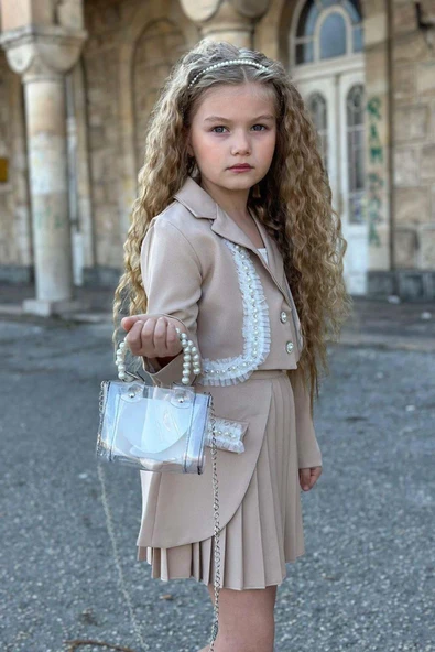 Kız Çocuk Güpür Ve İnci Şerit Detaylı Ceket Asimetrik Kesim Piliseli Bej Etekli Takım - Resim 6