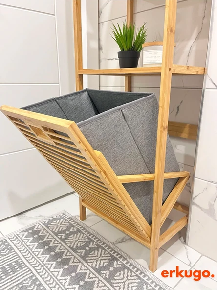 Bambu 3 Raflı Kirli Sepeti, Çok Amaçlı Banyo Düzenleyici, Çamaşır Sepeti Organizer, Raf - 5