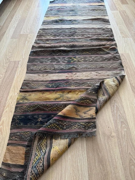 87x242 cm Bohem Stili El Dokuma Türk Kilim, Çizgili Desenli Kahverengi Yolluk, Ev ve Ofis için Harika Dekor Yolluk