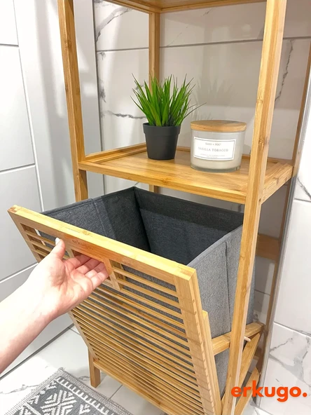 Bambu 3 Raflı Kirli Sepeti, Çok Amaçlı Banyo Düzenleyici, Çamaşır Sepeti Organizer, Raf - 4