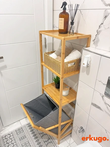 Bambu 3 Raflı Kirli Sepeti, Çok Amaçlı Banyo Düzenleyici, Çamaşır Sepeti Organizer, Raf - 6