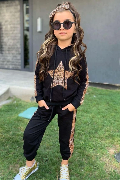 Kız Çocuk Önü Yıldız ve Leopar Desenli Sweatshirt Siyah Eşofman Takım - 4