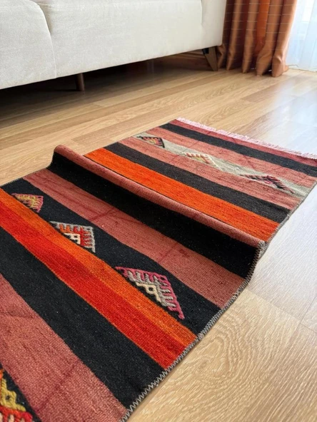 61x110 cm Küçük Çizgili Desen Kilim, El Dokuma Vintage Kilim, Ev ve Ofis için Harika Kilim, Benzersiz Ev Dekoru - 8
