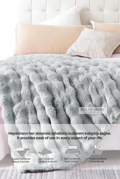 Kürk Yatak Örtüsü Çift Kişilik Dolgulu Peluş Yumuşak Çift Taraflı Yorgan 3 Parça Lory Kahve - 4