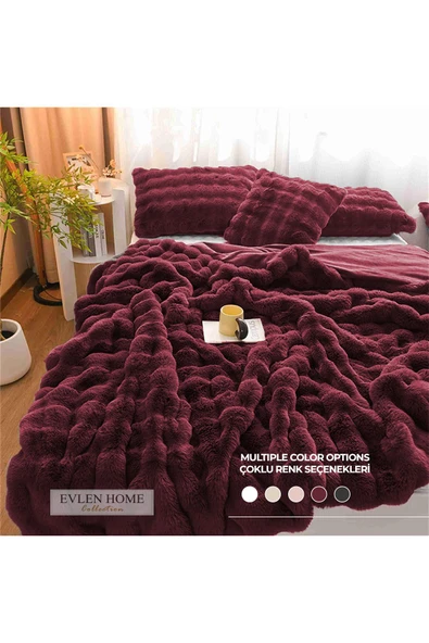 Kürk Yatak Örtüsü Çift Kişilik Dolgulu Peluş Yumuşak Çift Taraflı Yorgan 3 Parça Lory Kahve - Resim 7
