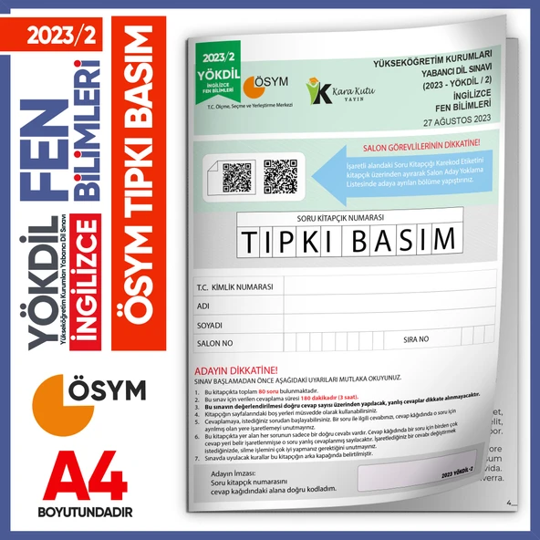 2023/2 YÖKDİL İngilizce FEN BİLİMLERİ ÖSYM Çıkmış Soru Tıpkı Basım Deneme Kitapçığı Türkiye Geneli - 1
