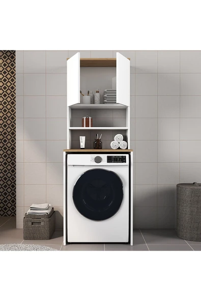 Ferniso Mobilya Çamaşır Makinesi Dolabı Kapaklı Banyo Dolabı Alt Üst Takım Beyaz - 3