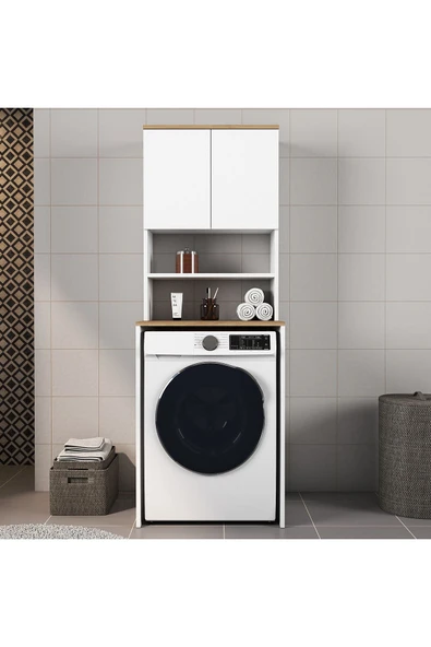 Ferniso Mobilya Çamaşır Makinesi Dolabı Kapaklı Banyo Dolabı Alt Üst Takım Beyaz - 2
