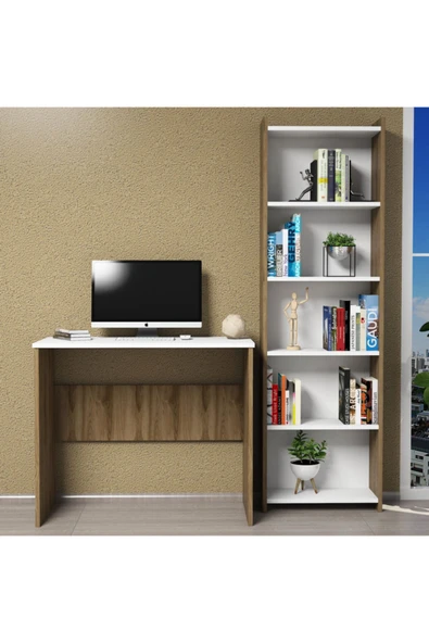Ferniso Mobilya Çalışma Masası+5 Bölmeli Kitaplık Ceviz-Beyaz - 2