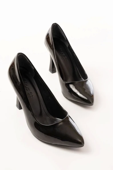 ST-001 Siyah Rugan Günlük 9 cm Topuklu Bayan Stiletto Ayakkabı - 3