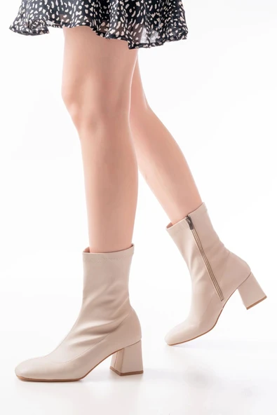 HC-2700 Bej Topuklu Fermuarlı Kadın Bot - Resim 4