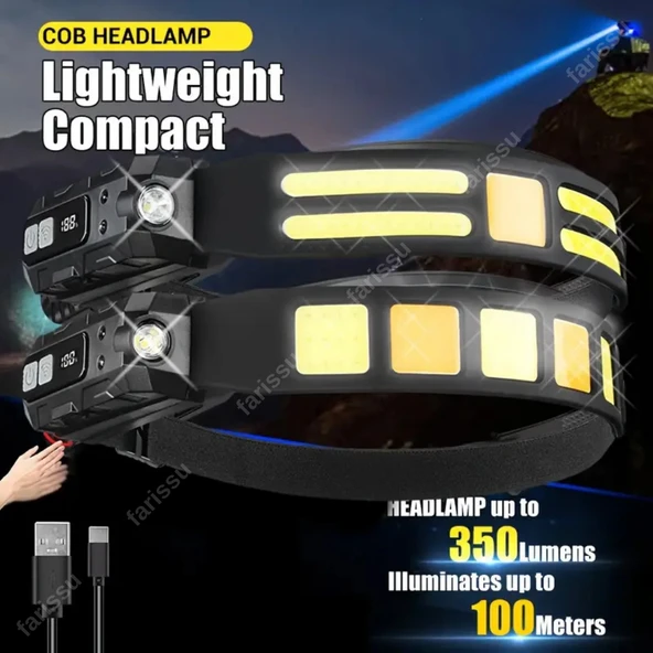 Ultra-Parlak LED + COB Şarj Edilebilir Kafa Feneri – Hareket Sensörlü, Ayarlanabilir Işın, Hafif ve Dayanıklı Tasarım - 2