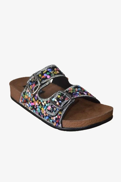 Asel Siyah Çift Bantlı Renkli Doğal Taş Aksesuarlı Terlik - 2