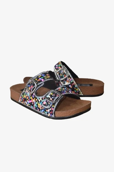 Asel Siyah Çift Bantlı Renkli Doğal Taş Aksesuarlı Terlik - 3