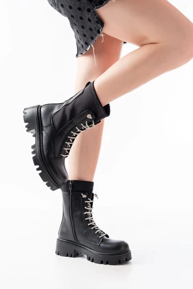 868-2006 Siyah Düz Topuklu Bağcıklı Fermuarlı Günlük Kadın Bot - Resim 3